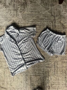 Nicole Miller Light Blue and Navy Striped Short Sleeve Pajama Set